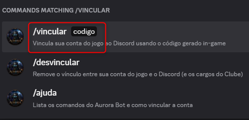Discord: lista de comandos do Aurora Bot com /vincular codigo destacado