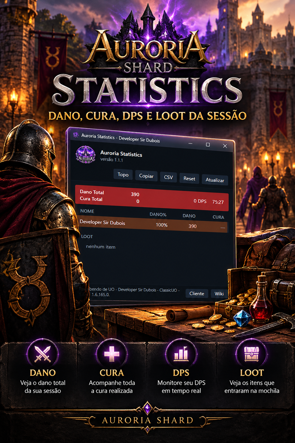 Auroria Statistics — dano, cura, DPS e loot da sessão